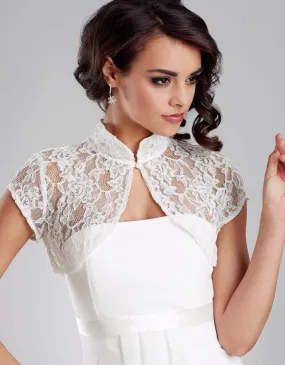 ---Lace wedding and ceremony jacket with short sleeves and high collar, low cost sale--