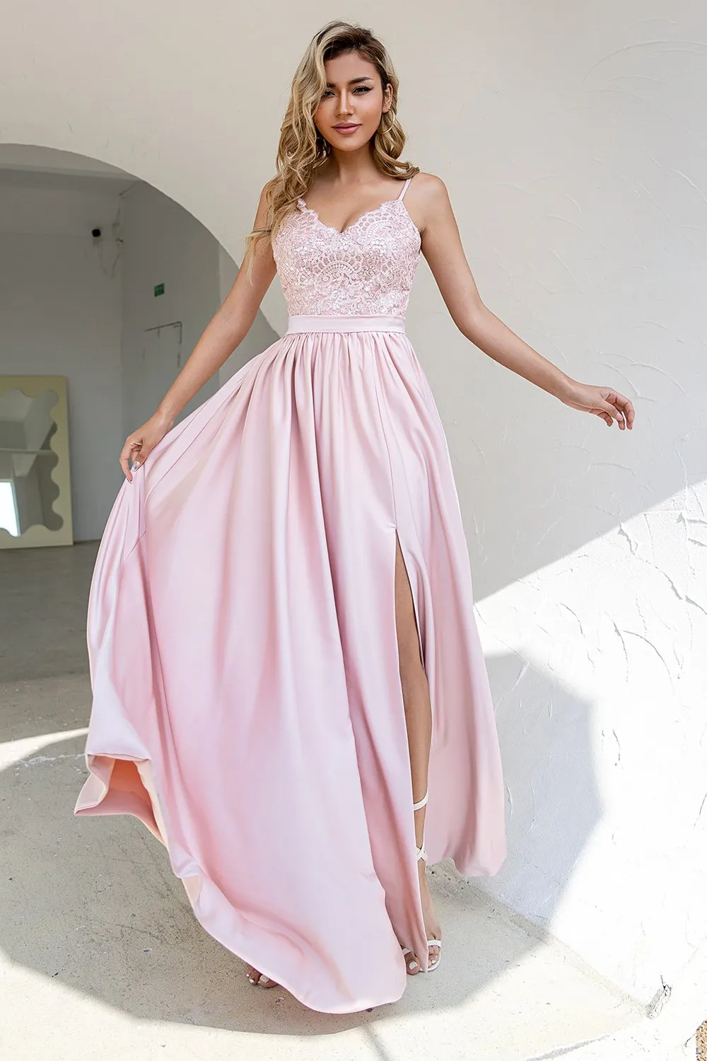 Blush Paillettes Prom Abito con spacco