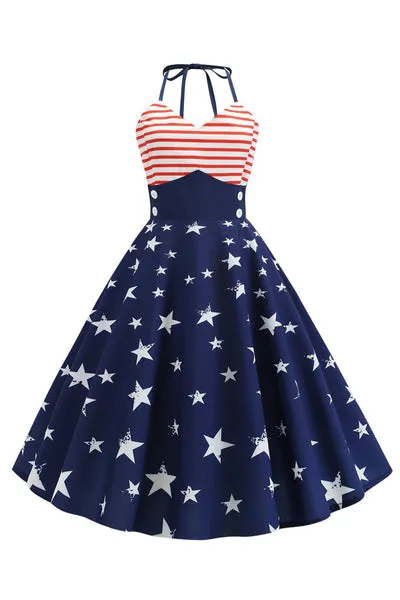 Halter Wrap Abito Swing a righe con stampa a stella
