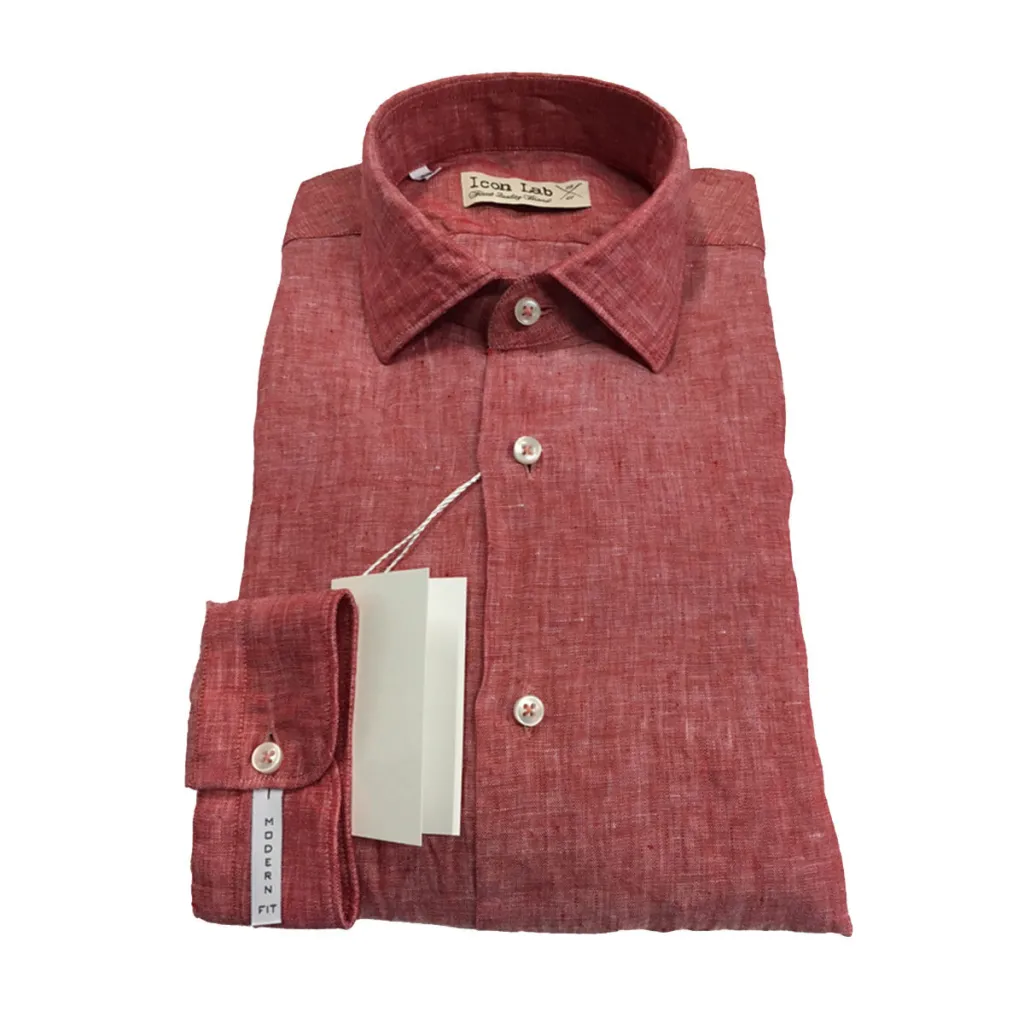 ICON LAB 1961 camicia uomo rosso fiammato manica lunga 100% lino