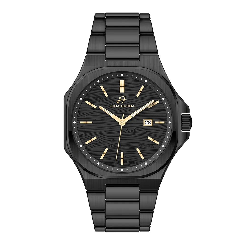 OROLOGIO UOMO IN ACCIAIO IP NERO QUADRANTE NERO, DETTAGLI IP GOLD