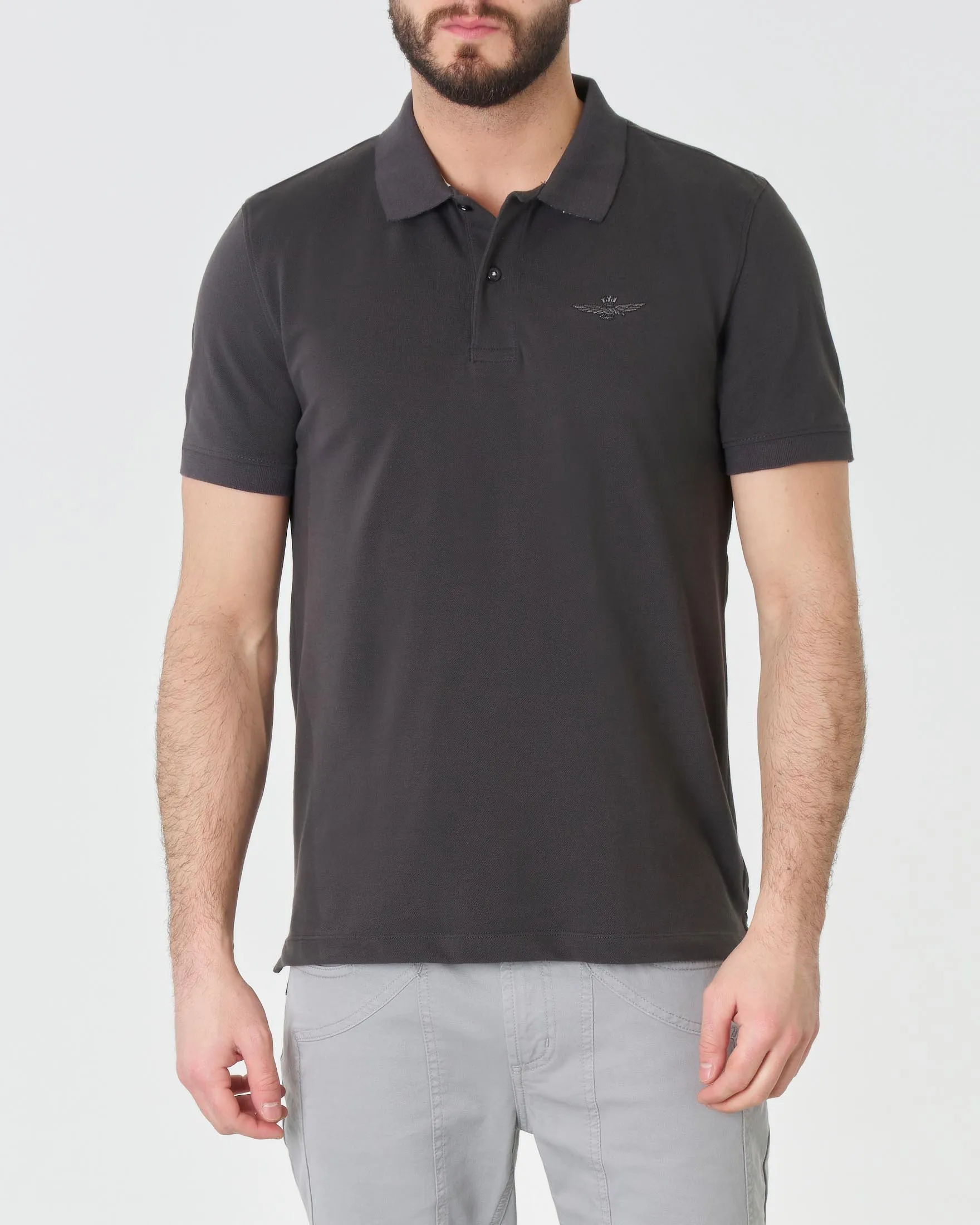 Polo grigio antracite in piqué di cotone stretch con dettaglio a righe sotto al colletto