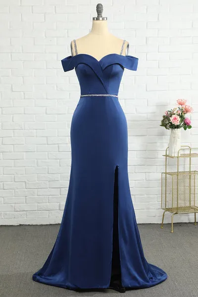 Sirena Off the Shoulder Navy Abito da damigella d'onore con perlina