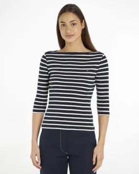 T-shirt blu a righe bianche in cotone rigenerato con scollo a barchetta e maniche tre quarti