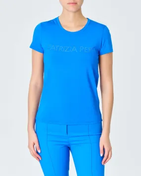 T-shirt blu China slim-fit in viscosa stretch con logo frontale in strass applicati