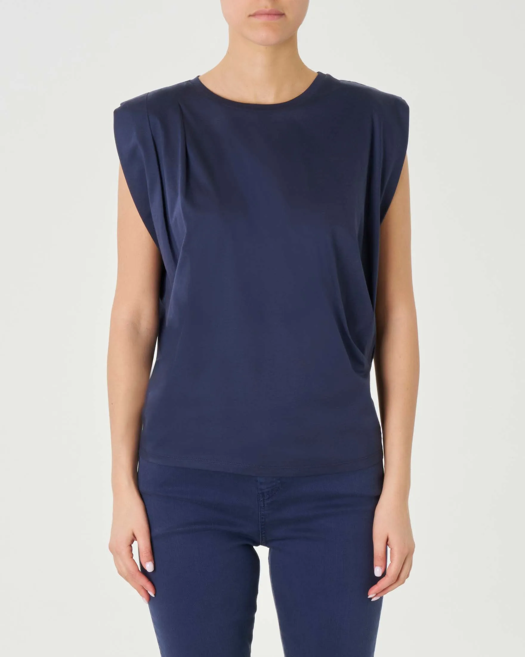 T-shirt blu in cotone senza maniche con pieghe asimmetriche sulle spalle Linea MONOCHROME