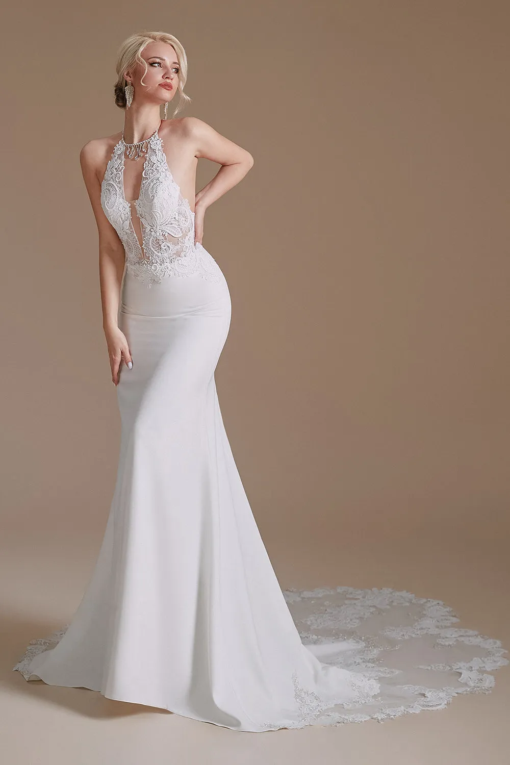 White Mermaid Halter Backless Sweep Train Abito da sposa con pizzo